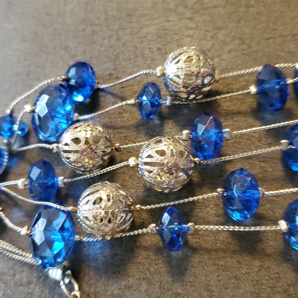 Vintage Blue Crystal Multi Strand Statement Necklace Silver Filigree Beads Boho - Picture 3 of 6